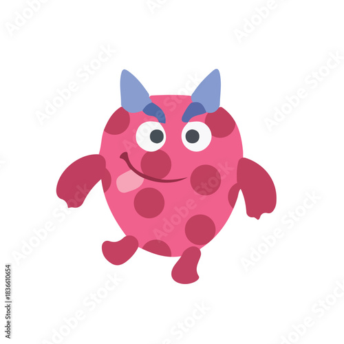 An adorable, cheerful, and plump monster girl cartoon character. The creature is perfectly round and pink, covered in playful dark pink polka dots.