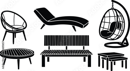 Flat design furniture icon set showing black silhouettes of chaise lounge hanging egg chair wooden bench round coffee table and nesting stools in horizontal layout collection