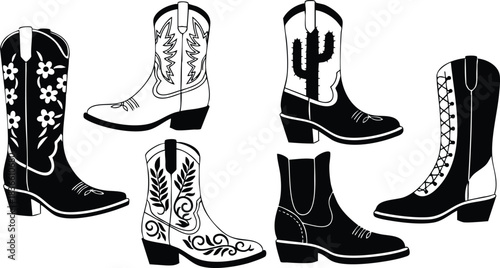 Vector art set of six western cowboy boots side view arranged in two rows with floral cactus stitched embroidery details bold black and white contrast graphic