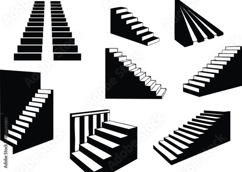 Flat design stair icon set showing multiple staircase perspectives angles in bold black silhouette on white background close up isometric view angled side elevation perspective graphic