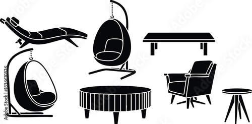 Flat design minimalist furniture icon set with hanging chair hanging egg chair ottoman bench armchair lounge chaise and round side table black silhouettes isolated on white