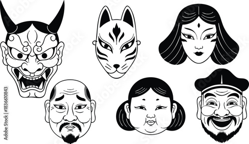 Line art traditional japanese mask set showing hannya demon kitsune fox geisha old man chubby child smiling merchant arranged close up bold black strokes vector illustration