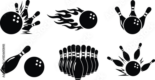 Flat icon bowling set showing flaming ball striking pins spare and strike silhouettes pin and ball close up pin rack and impact burst monochrome vector art