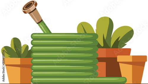 Rolled up Green Garden Hose Vector Illustration Featuring Plants on Pots with Nozzle for Watering Landscaping Plants