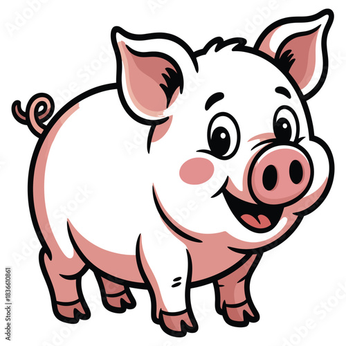 Adorable cartoon piglet with pink cheeks and curly tail