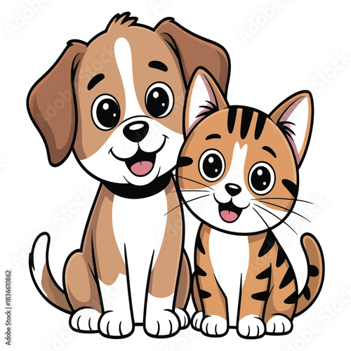 Adorable cartoon puppy and kitten friends together