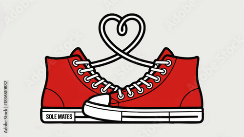 Red sneakers with heart shaped laces romantic “sole mates” illustration, cute couple love concept for Valentine, wedding, anniversary