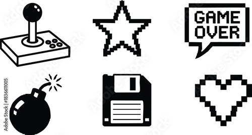 Pixel art monochrome retro game icons close up joystick bomb floppy disk pixel star pixel heart game over speech bubble set for nostalgic ui projects branding