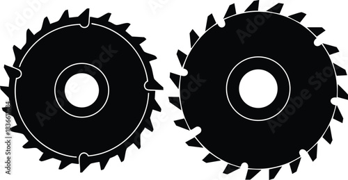 Minimalist silhouette vector flat design two circular saw blades side view overlapping on white background high contrast industrial tool icon set black isolated stencil precision sharp