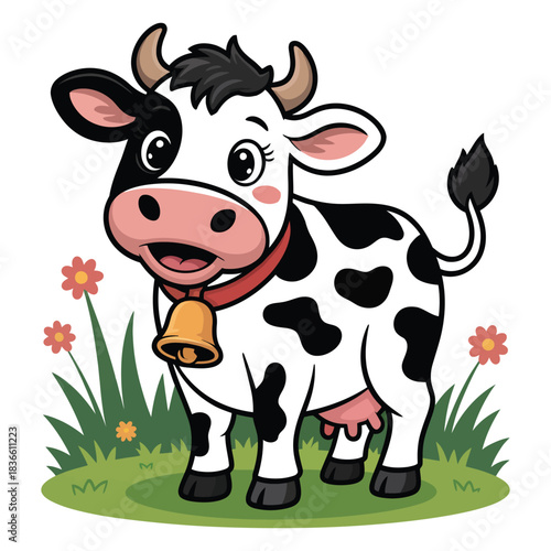 Cute cartoon holstein cow with bell in a field
