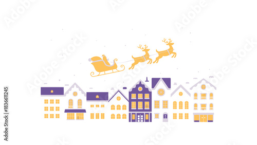 Whimsical illustration of santa claus and reindeer flying over a charming village with festive colorful houses during winter holidays