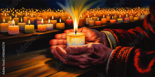 Warm candlelight in cupped hands, spiritual prayer illustration with glowing votive candles, hope, remembrance and meditation