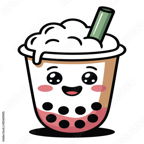Cute kawaii boba tea drink with happy face