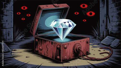 Glowing diamond treasure in mysterious dungeon chest with red eyes in dark fantasy comic style illustration