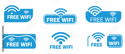 WiFi Free Zone Blue  Wireless Set, Bundle Logo Stickers Design Icon,  Connection Area Collection, Digital and Network Technology Illustration