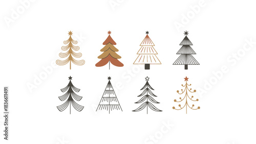 Collection of eight stylized christmas trees in various artistic designs and color palettes on a white background