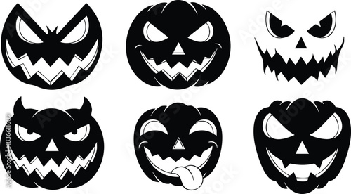 Flat design spooky pumpkin face set six jack o lantern silhouettes with varied grinning angry winking surprised tongue out front view halloween vector icons black silhouettes