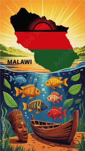 Malawi flag map with sunrise over lake and colorful cichlid fish underwater scene, traditional African mask and wooden boat illustration