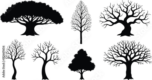Silhouette style close up composition of eight distinct tree shapes including oak and bare winter trees arranged in horizontal row on white background vector art minimal