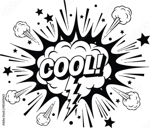 Pop art halftone close up burst with bold cool lettering in speech bubble and lightning bolt centered on monochrome comic explosion with retro ink lines graphic