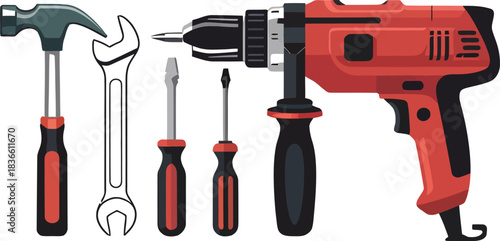 Set of Various Hand Tools Hammer Screwdriver and Wrench for Repairing Equipment in Carpentry Automotive Industry and Construction