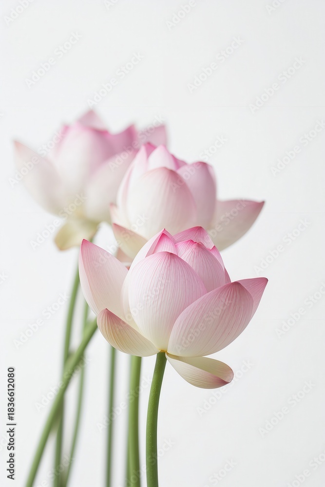 Naklejka premium Three lotus flowers, showcasing soft pink petals against a bright white background, elegance.