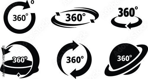 Flat vector icon set showing six circular 360 rotation symbols with arrows orbital ring silhouette style clockwise and counterclockwise motion clean black editable scalable ai files