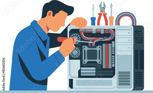 Technician Repairing Computer With Screwdriver Electronics Maintenance Service Technical Support Concept Vector On Transparent Background