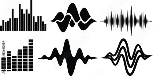 Flat design black waveform and equalizer icon set showing six distinct audio wave shapes in horizontal layout for media apps podcast branding and interface modern minimal