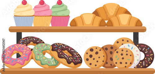 Vector Illustration of Bakery Shelf with Cupcakes, Croissants, Cookies, Donuts, and Other Sweet Treats Isolated On Transparent Background