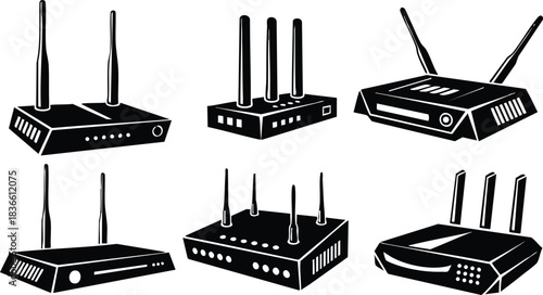 Line art router icon set showing six wireless modem and router silhouettes in hand drawn sketch style front three quarter and top views with black antennas