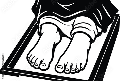 Line art close up overhead view of bare feet resting on rectangular tray with visible toes and ankles medical examination scale negative space high contrast vector