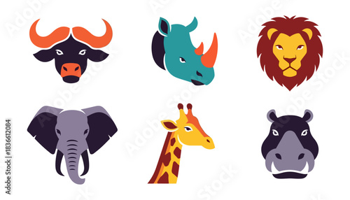 Stylized animal heads set buffalo rhino lion elephant giraffe hippo