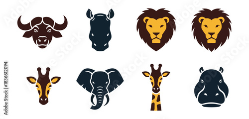 Stylized wildlife icons buffalo rhino lion giraffe elephant hippo