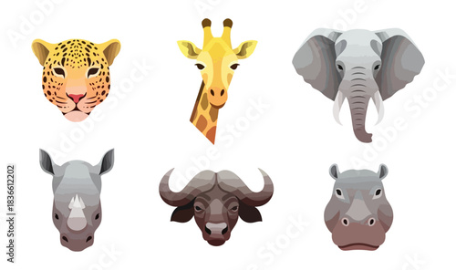 Geometric animal portraits african wildlife cheetah giraffe elephant rhino buffalo hippo