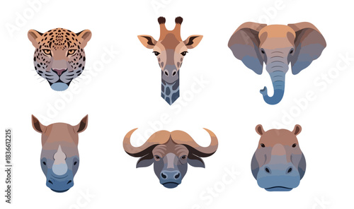 Geometric animal portraits african wildlife cheetah giraffe elephant rhino buffalo hippo
