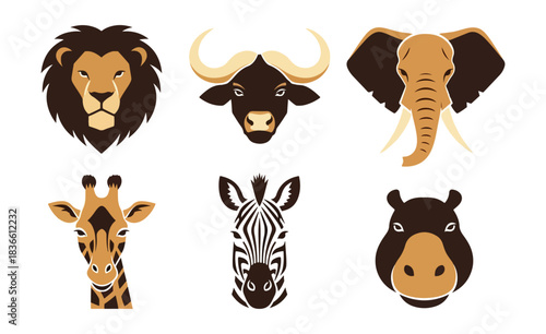 Cartoon animal heads lion buffalo elephant giraffe zebra hippo on black
