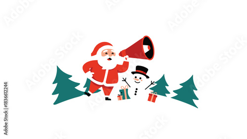 Joyful santa claus with megaphone and snowman surrounded by festive green christmas trees on a white background