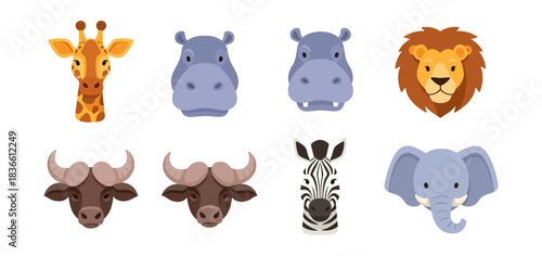 Cartoon animal heads giraffe hippo lion buffalo zebra elephant