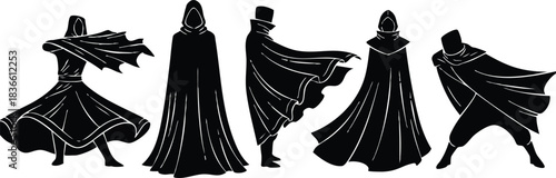 Silhouette vector dramatic side view of five cloaked hooded figures in dynamic flowing cape poses on white background with high contrast bold graphic cinematic motion energy