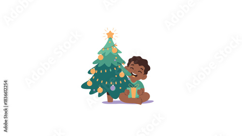 Joyful young black child peeking from behind a decorated christmas tree holding a gift bag full of presents