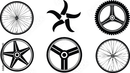 Line art vector set of six wheel and gear icons showing distinct spoke designs including bicycle wheel car steering wheel and sprocket silhouettes black and white