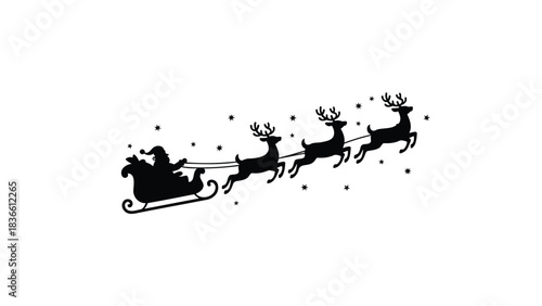 Silhouette of santa claus riding in his sleigh pulled by reindeer flying through the night sky with stars