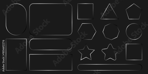 Silver Geometric Frame Set: Elegant Metal Borders, Luxury Shiny Chrome Shapes, Modern Polygonal, Rectangle, Oval, Star, & Circle Line Art