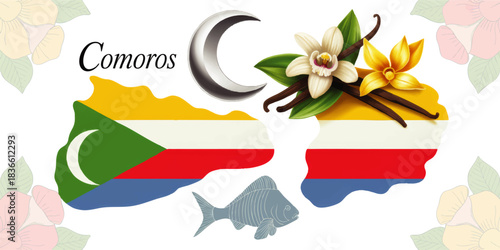 Comoros islands vector illustration with national flag map, vanilla flowers, crescent moon and fish, colorful tropical travel design