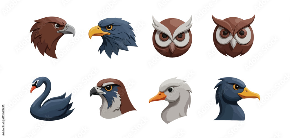 Fototapeta premium Illustrated birds collection various species featuring eagles owls and swans