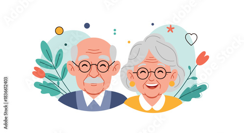 Happy and smiling elderly couple, a man and a woman with glasses, surrounded by flowers and hearts. This portrait illustration represents lasting love, a happy retirement, and togetherness in old age.