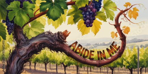 Abide in Me Christian vineyard illustration with grape vine branches, purple grapes and lush green leaves over scenic countryside
