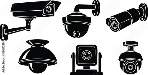 Flat design side view security camera icons set showing six cctv types including dome bullet turret wall mount and box style silhouettes on white background isolated