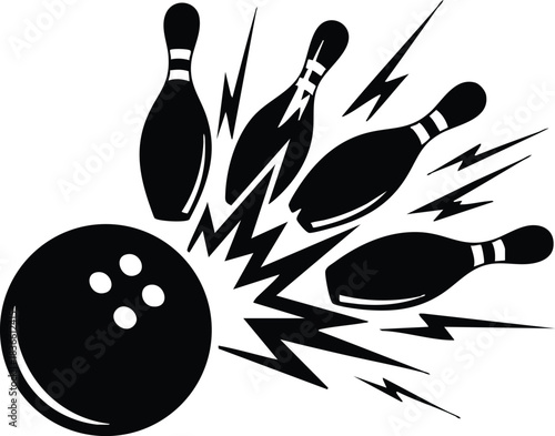Flat design dynamic bowling ball striking five pins exploding with motion burst and scattered pin fragments in high contrast black silhouette side view closeup sports icon